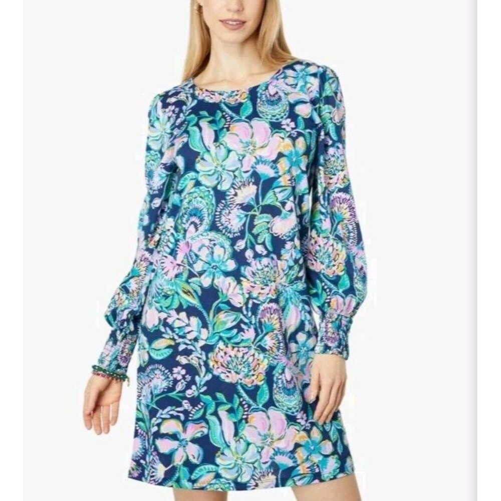 Lilly Pulitzer Diann Dress Size L Floral Cotton Blouson Sleeves Excellent Condit